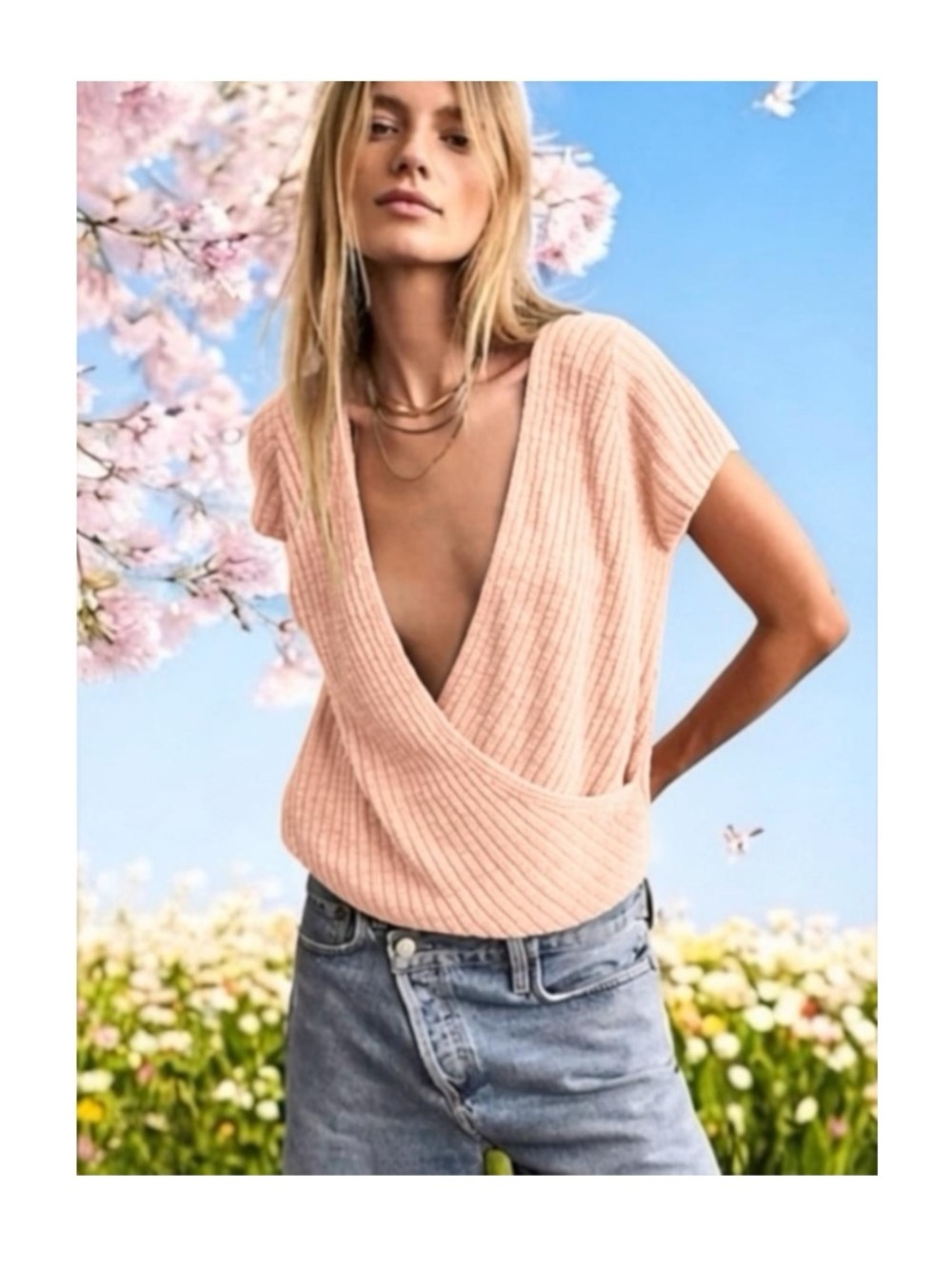Free People FP Beach ☀︎︎ Coco Surplice Knit Sweater Top ☀︎︎ Rose Linen ☀︎︎ XS